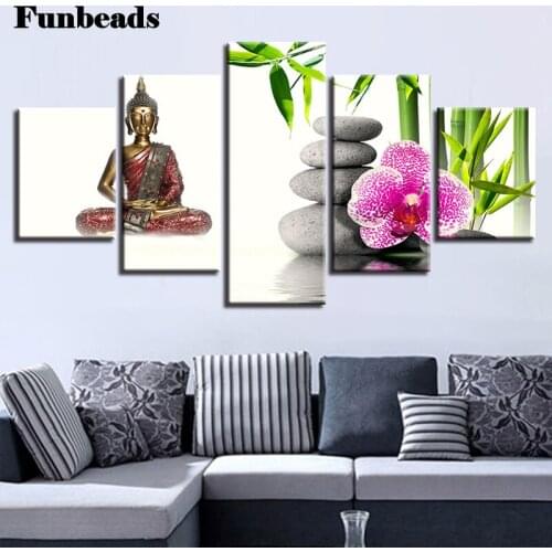 5 Panels Square round 5D DIY Diamond Painting Bamboo Orchid Stone Buddha Zen Embroidery diamond Mosaic Bedside Background FF393