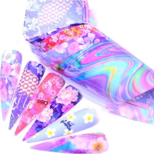 WUF 5pcs Shell Marble Holographic Nail Foil Starry Transfer Slider Sticker Set Gradient Nail Art Wrap Decal Manicure Decor