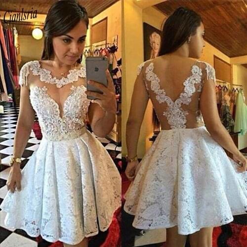 White V-Back Appliques Lace Mini Cocktail Dresses O-Neck Cap Sleeve Illusion Short Prom Party Homecoming Dress