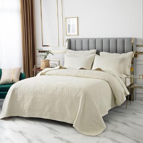 CHAUSUB Beige Bedspread 3pcs Quilt Sets Soft Cotton Embroidered Craft King Queen Size Blanket on Bed Summer Coverlet