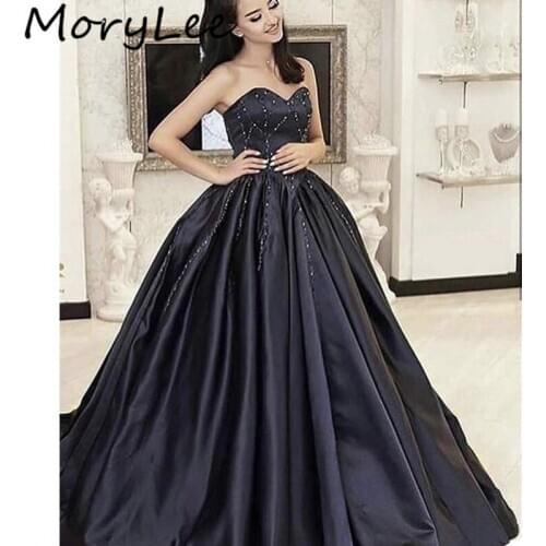 Black Evening Dresses vestidos de fiesta de noche Sweetheart Sleeveless Lace Up Back A-Line Crystal Beaded Satin Evening Dresses