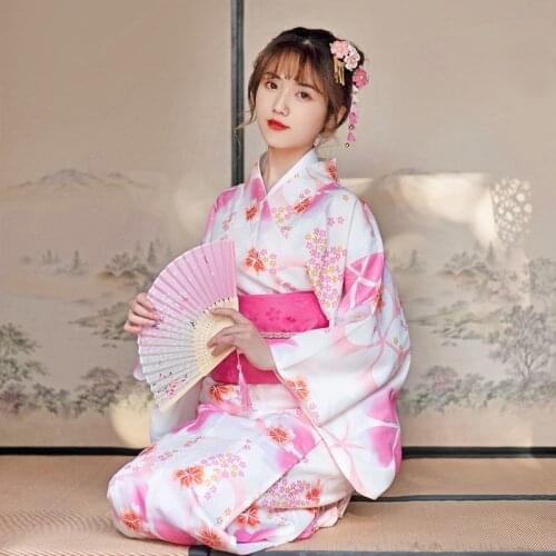 Womens Japan Style Summer Yukata Pink Color Floral Prints Traditional Kimono Cosplay Clothing Photography Wear Bathrobe