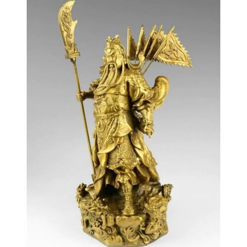 Chinese bronze brass Nine Dragon Warrior Guan Gong/ Yu Statue Figure 15cm Height Yellow