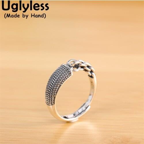 Uglyless INS Thai Silver Link Chains Rings for Women Spliced Asymmetric Rings Real 925 Sterling Silver Hollow Finger Jewelry