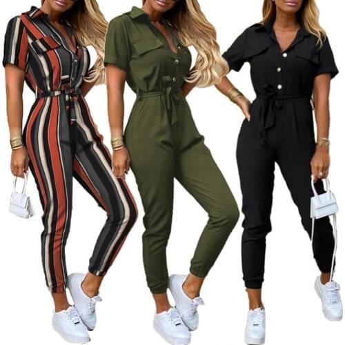 Casual One Piece Jumpsuit Women Summer Short Sleeve Lapel Overalls Bodysuit Ladies Sexy Belt Long Jumpsuit combinaison femme