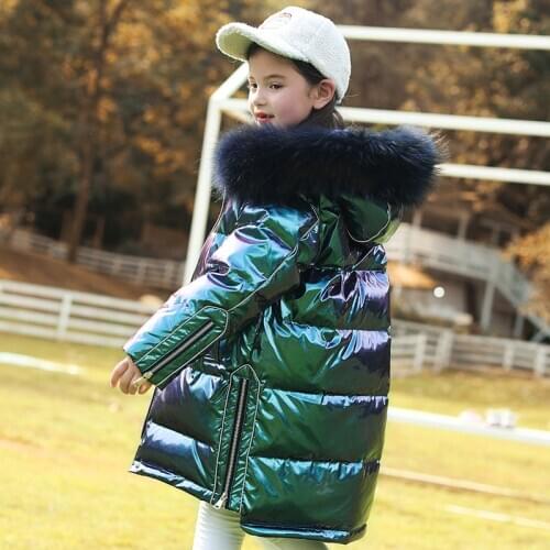 Fashion Glossy Down Jackets for 10 12 years Girls Thicken Warm Real Fur Hoodies Children Winter Outerwear