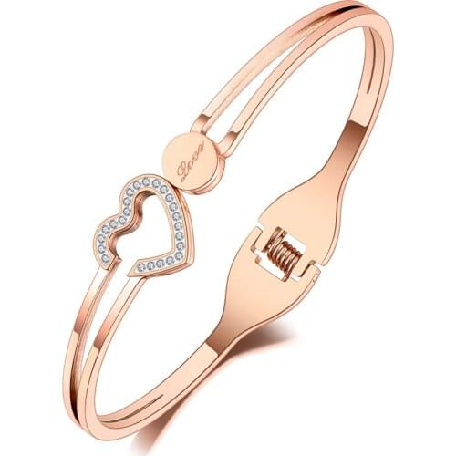 Trendy Rhinestone Love Heart Cuff Bangles For Women Rose Gold Cubic Zirconia Titanium Stainless Steel Bracelets B20184
