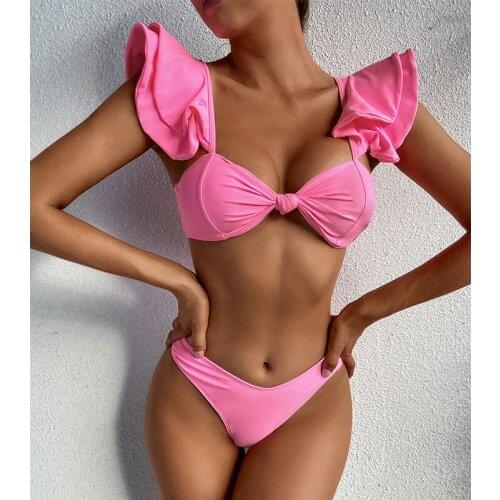 MYTENG Pink Ruffle Swimwear Women Bikini 2 Piece Set High Quality Bathing Suit Push Up Swimsuit Summer Beachwear New Biquini