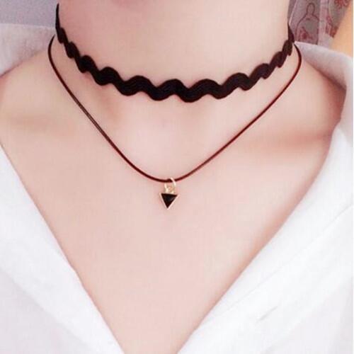 N012 Europe Vintage geometric triangle Pendant necklace Simple double-layer Plush rope necklace female clavicle necklace