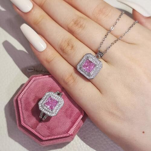 2pcs Pack Real 925 Sterling Silver jewelry set for Engagement Wedding Bridal Jewelry for brides gifts anniversary J6388-pink
