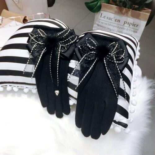 Mink Fur Ball Bowknot Gloves Korean Version of The New Female Winter Plus Velvet Thickening Finger Warm Double Cashmere Gloves