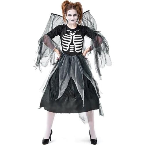 NEW Carnival Halloween Lady Dark Angel Costume Horror Zombie Skeleton Bone Wing Cosplay Fancy Party Dress