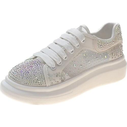 2021New Summer Womens Rhinestone Single Shoes Fashion Casual Soft Flat Shoes Loafers Student White