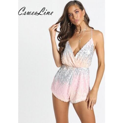 New trend sequins strap playsuit v neck sexy club party rompers sleeveless backless chic summer birthday outfits short jumpsuits
