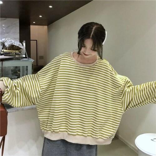 Autumn Women Fashion Round Neck Sweet Striped T-shirt Thin Full Sleeve Small Fresh Loose Knitted Loose Top