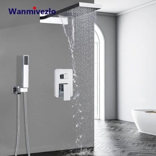 Luxurious Bathroom Shower Faucet Set Rainfall/Waterfall Rectangle Shower Head 3 Ways Embedded Mixer Valve Tap Shower Kit