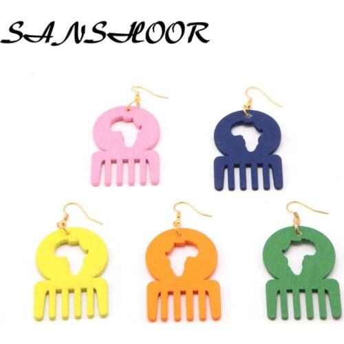 SANSHOOR 5colors Wooden Laser Cut Fashion DIY Africa Map Afro Comb Shape Dangle Wood Earring for Women 5pairs/lot