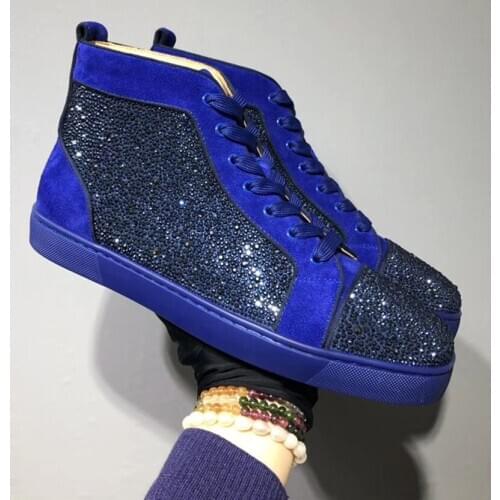 Blue Shiny Rhinestone Decor Men Casual High Top Red Bottom Shoes 2019 Men Couple Shoes Flat Bottom Luxury Designers Men Shoes