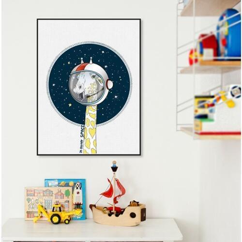 Nordic Cartoon Animal Giraffe Canvas Art Prints And Poster , Giraffe in Outer Space Canvas Painting Poster Kids Room Wall Decor