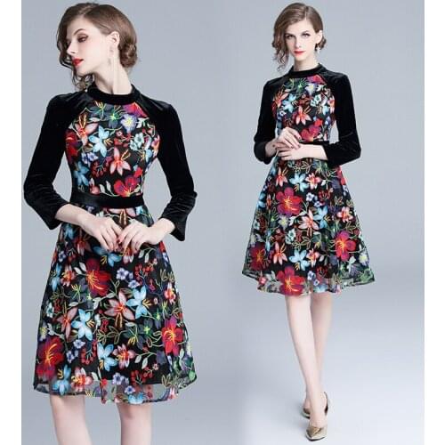Spring and Autumn Womens New Bracelet Sleeve Black Velvet Panel Embroidered Waist Slim-Fit A- line Dress