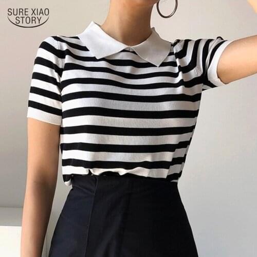 2021 Knitwear Thin Ice Silk Lady T-shirt Summer Fresh Lapel Short Sleeve Women T-shirt Simple Elegant Fashion Women Blusas 15653