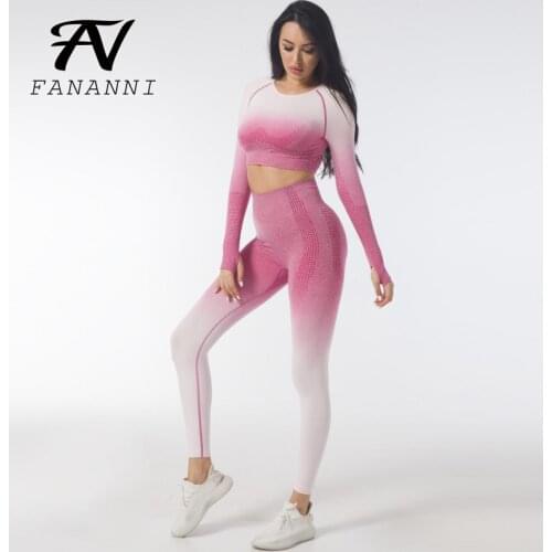 FANANNI Fitness Yoga Clothing Suit Women Gradient Color Printing Seamless Yoga Pants Long-Sleeved Sports Top Two-Piece Set