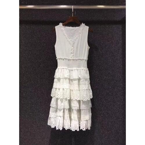 Slim Fit & Flare Dress 2021 Summer Fashion Clothing Women V-Neck Elastic Waist Sleeveless White Black Cascading Ruffle Dress