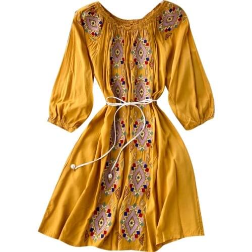 Women Sexy Slash Neck Off Shoulder Loose Bohemian Vacation Dress High Quality Vintage Geometric Patterns embroidery Mini Dress
