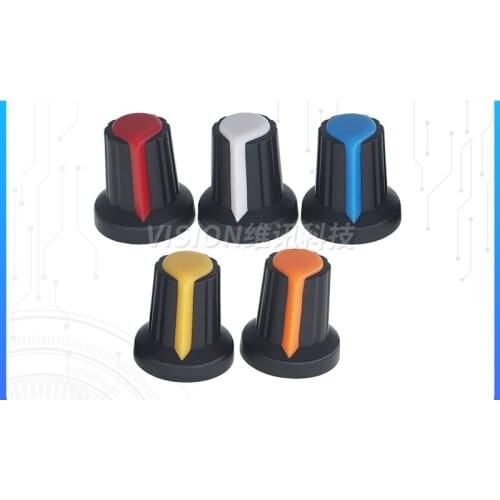 30pcs/lot WH148 potentiometer knob cap (copper core) 15X17mm 6mm Shaft Hole AG2 Yellow Orange Blue White Red 5value*6PCS=30PCS