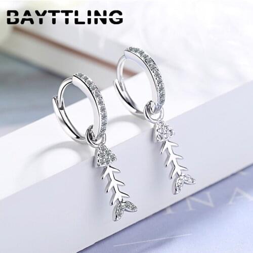 BAYTTLING 925 Sterling Silver 28MM Fine Fishbone Pendant Zircon Earrings For Women Fashion Wedding Jewelry Party Gifts