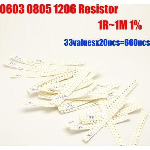 0603 0805 1206 SMD Resistor Kit 33valuesX20pcs=660pcs 1R~1M Resistor Pack 1% Torlerance
