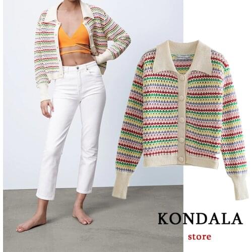 KONDALA Za Women Sweaters Vintage Knitted Cotton Oversized Pullovers Women Long Sleeve Striped Print Button Chic Mujer Outwear