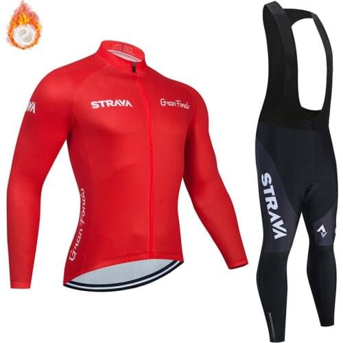 New STRAVA Winter Thermal Fleece Set Cycling Clothes Mens Jersey Suit Sport Riding Bike MTB Clothing Bib Pants Warm Sets Ropa