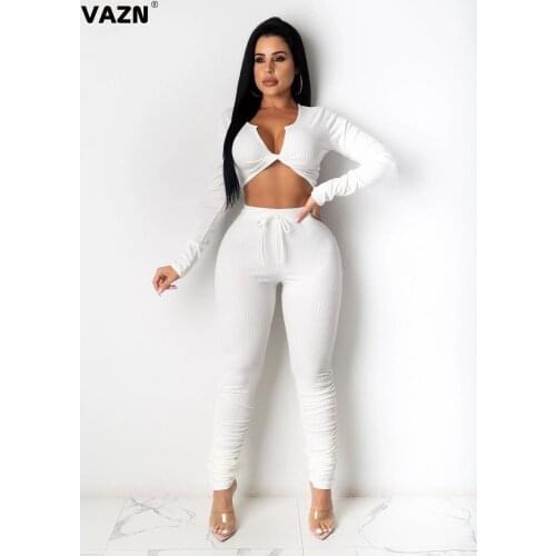 VAZN Hot Office Lady 2020 V-neck Full Sleeve Full Pant Solid Shinny 2 Piece Set Tracksuit Casual Female Street Wind Sets