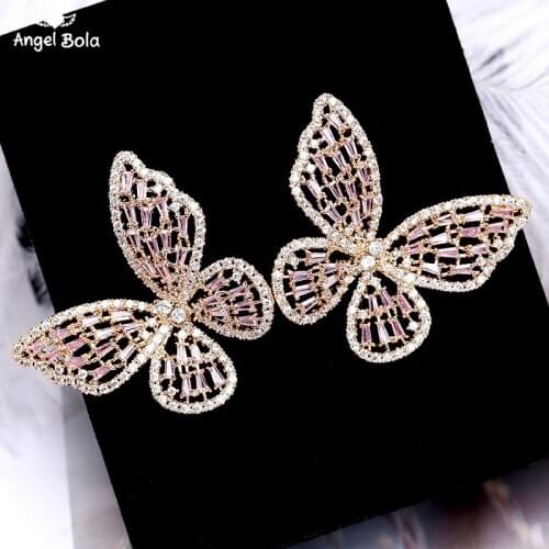 Creative Design Pink Cubic Zirconia Butterfly Stud Earrings Elegant Korean Style Sweety Earrings for Women