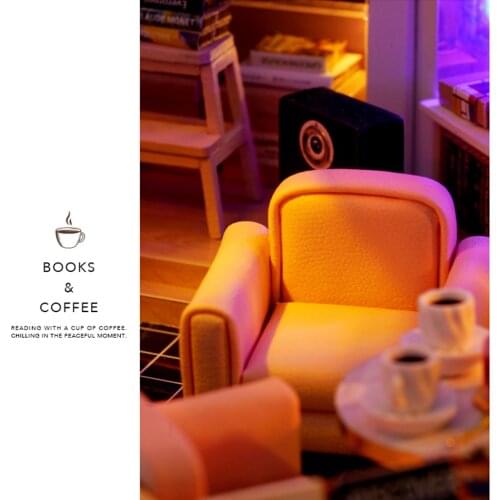Handcraft Miniature Dollhouse LED Light & Battery Case Crafts Book & Coffee House Book Store Cafe Shop Doll House for Girls