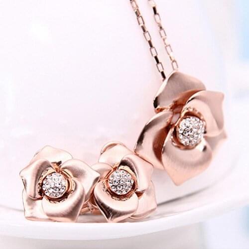 Fashion Bridal Rhinestone Rose Necklace Earrings Socialite Women Jewelry Set
