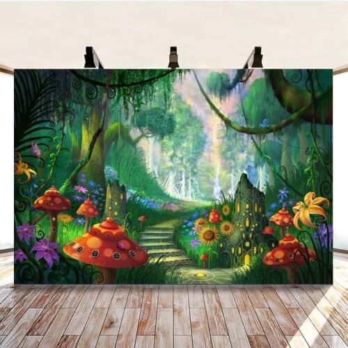 Cartoon Fantasy Wonderland Mushroom Sunflower Background Girl Birthday Party Decorative Studio Photography Cloth Customizable