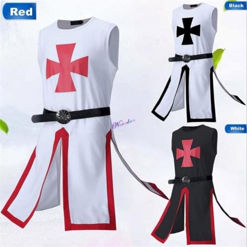 Men Halloween Medieval Crusader Knight Templar Tunic Costume Renaissance Warrior Black Plague Cosplay Dress Robe
