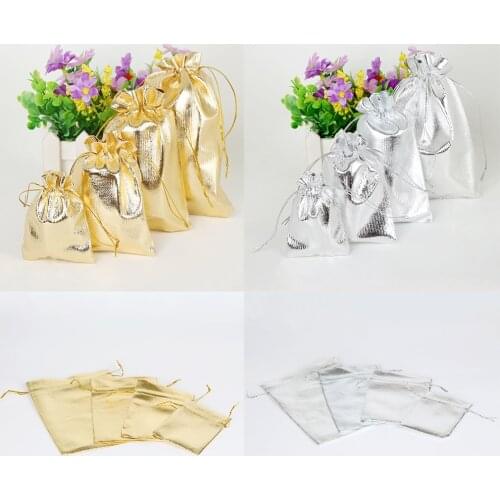 New 50pcs 7x9cm 9x12cm 10x15cm 13x18cm Silver Gold Color Drawstring Organza Jewelry Organizer Wedding Gift Bags & Pouches