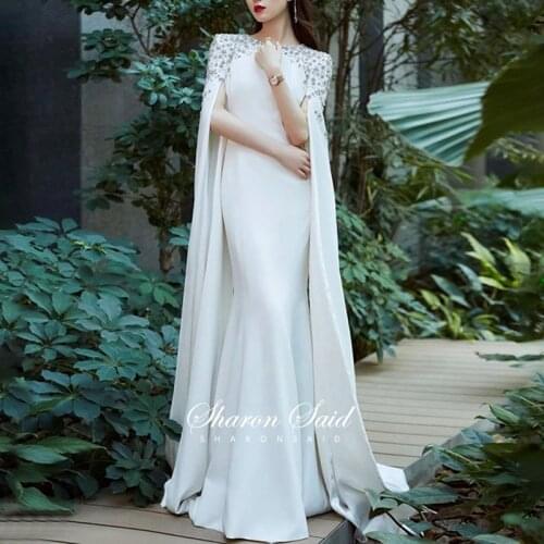 Elegant White Mermaid Muslim Evening Dress with Long Sleeves Dubai Engagement Dresses for Arabic Women Wedding Party Gowns Stock