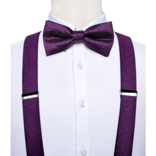 DiBanGu Luxury Purple Silk Mens Suspenders Leather Metal 6 Clips Adjustable Braces Pre-Tied Bow Tie Pocket Square Set #4008