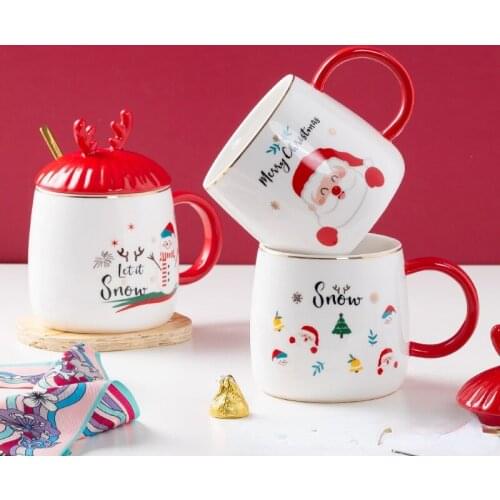 Antler Christmas Mug Hand Painted Santa Claus Ceramic Water Bottle with Cover and Spoon Large Capacity Milk Coffee Cup