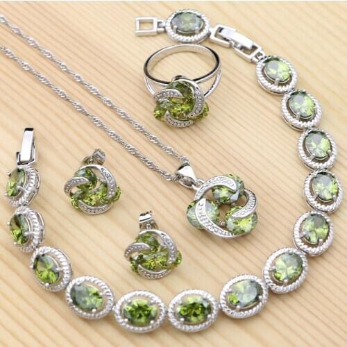 925 Silver Vintage Jewelry Set for Women Olive Green Cubic Zirconia Ring Bracelet Necklace Pendant Stud Earrings Kit