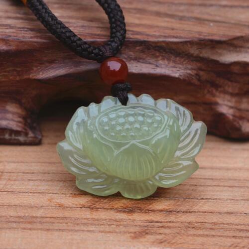 Certificate)Wholesale Chinese Handmade Natural XIUYAN Stone Carved Lotus Lucky Pendant + Rope Necklace Fashion Jewelry