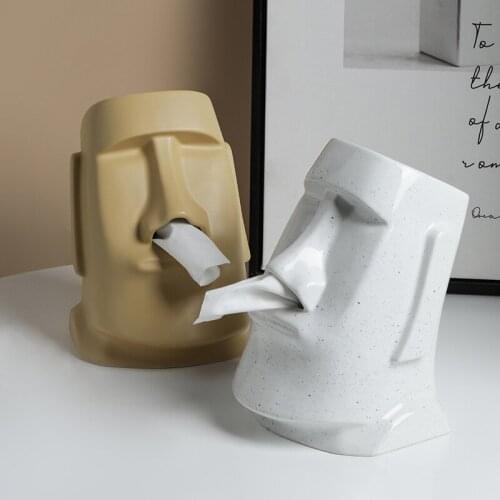 Funny Gifts Personalized Nostril Tissue Box Ceramic Easter Island Moai Tissue Rack Easter Day Desktop Figurines Home Decoration