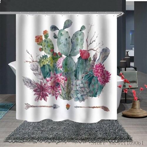 Green Cactus 3D Digital Printed Bathroom Partition Shower Curtains Household Waterproof Mould Proof Polyester Bathroom Curtain