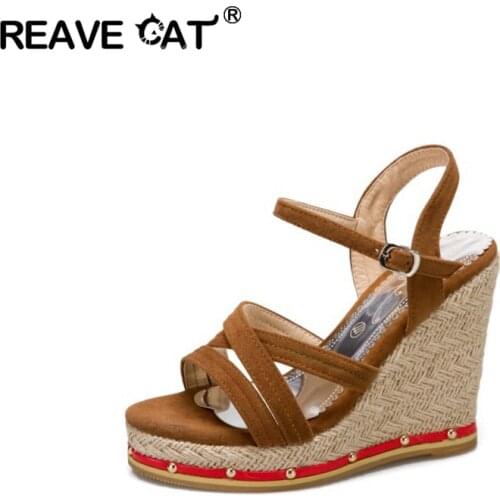 REAVE CAT Women New 2021 Wedge Sandals Flock Buckle Strap Casual Hemp Comfy Fashion Mature Summer Grey Big size 34-50 A3970