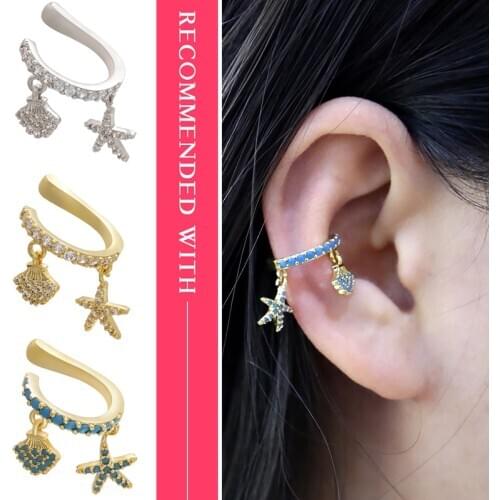 ZHUKOU 1piece gold/silver color CZ Crystal Ear Cuff Starfish shell Ear Clips No Pierced earrings for women Jewellery model:VE252