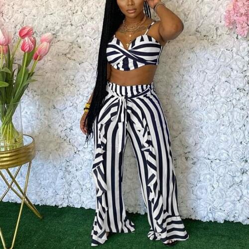 Women Two Piece Striped Sleeveless V-neck Pullover Crop Top & Slim-Fit Flared Pants Set Summer 2021